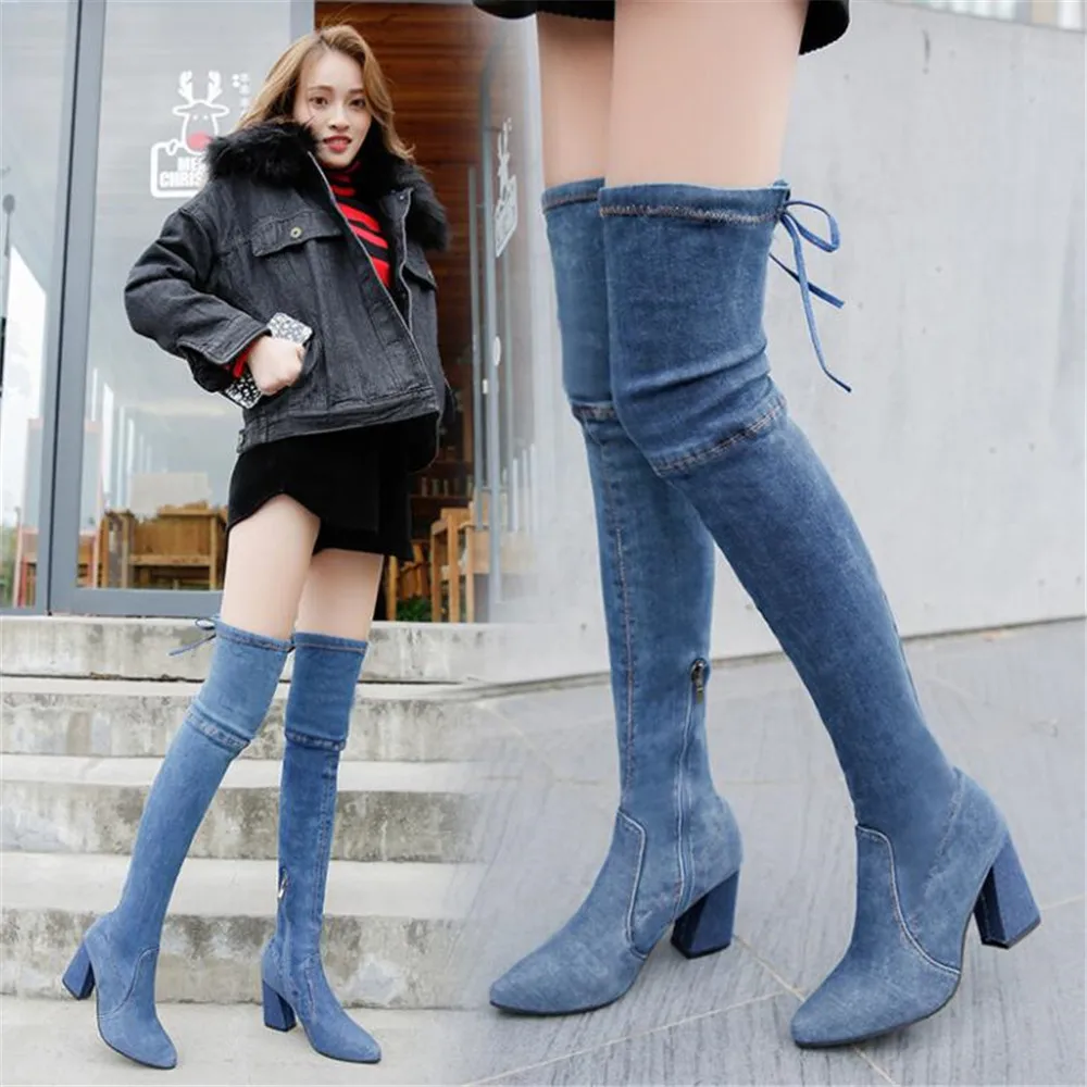 

Thick-heeled denim high-heeled knee-length boots women's new thigh high boots winter boots women zapatos de mujer women shoes