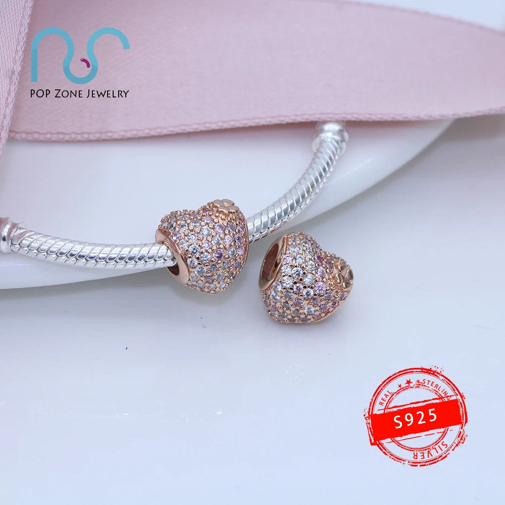 

Fit Original Pandora Charm Bracelets Rose Gold Sparkle Ladybug Heart Fashion 14k Rose Gold-Plated Fine Beads DIY New Jewelry