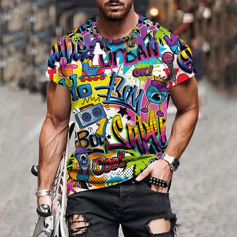

men's T-shirt Street trend letter graffiti boom print HD pattern men's short sleeve round neck top Size S-6XL o collar