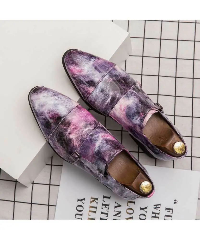 

Men's Handmade PU Purple Printing Pointed Toe Classic Retro Double Buckle Fashion Trend High Quality Casual Monk Shoes 7KG016