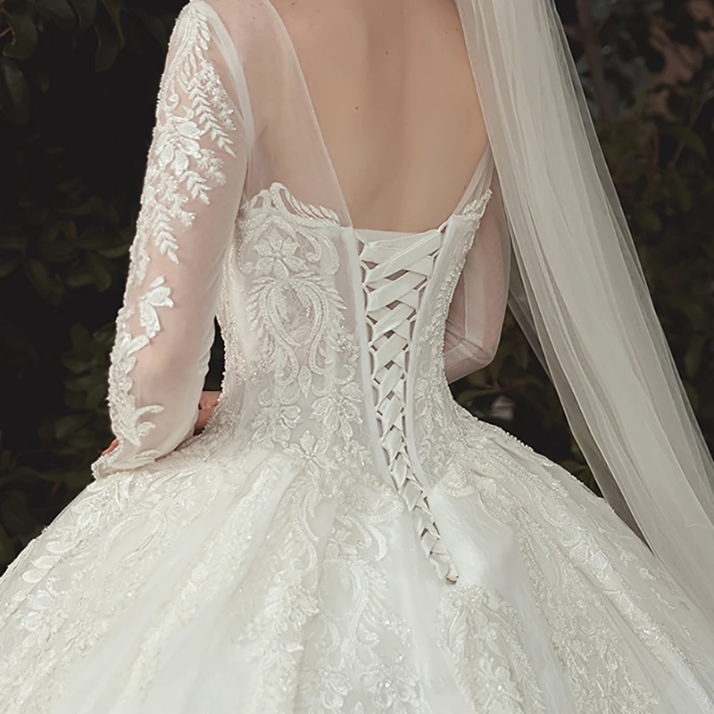 

Wedding Dress White O-Neck Tulle Floral Print Embroidery Full Sleeves Elegant Crystal Lace up Long New Women Bride Dresses B024