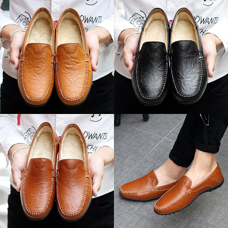 

Big Size 38-47 Leather Brown Shoes Men Flat Shoes Plush Winter Warm Casual Slip On Shoes Car Driving Loafers Mocasines Hombres