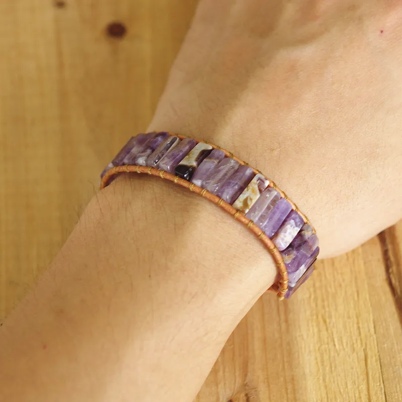 Женский кожаный браслет и в богемном стиле с фиолетовыми кристаллами|Браслеты