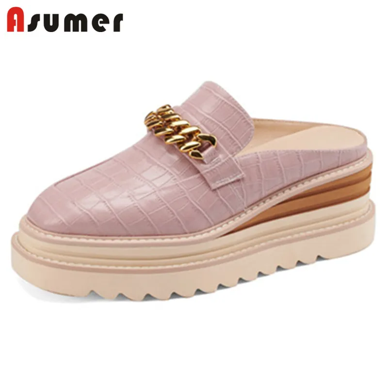 

Женские туфли на танкетке Asumer, натуральная кожа, туфли-лодочки, металлический декор, модная крутая повседневная обувь на высоком каблуке, мю...