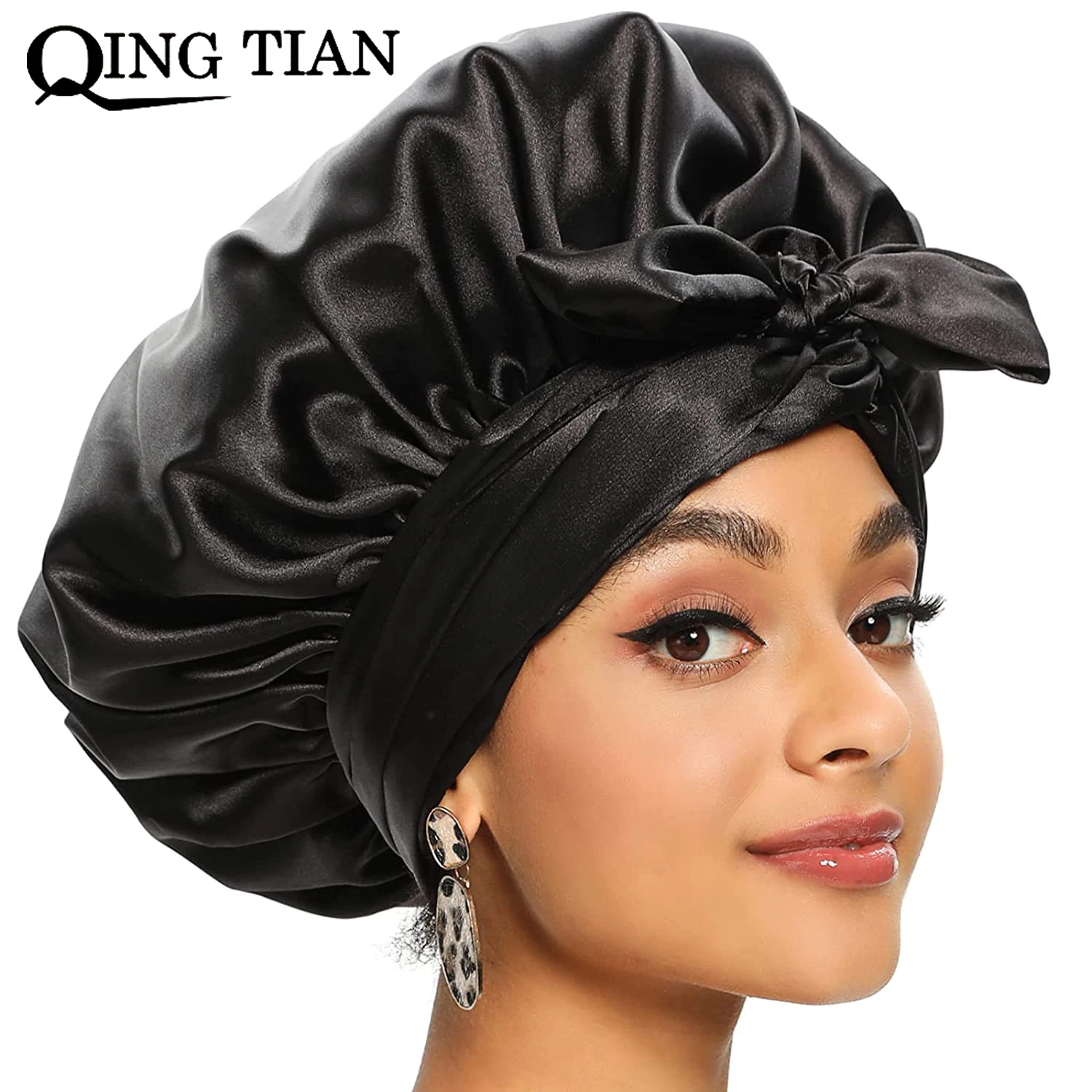 

2021 New Extra Large Care Bonnet Lined Double Layer Beauty Cap Fancy Edge Hat Satin Silky Making Sleeping Protect Night Bonnet