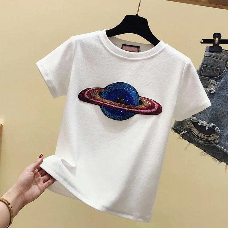 

Summer Planet sequins white T-shirt Women Short Sleeve Knitted Cotton Tee Shirt Women Casual White Tops Women Harajuku 2020 New