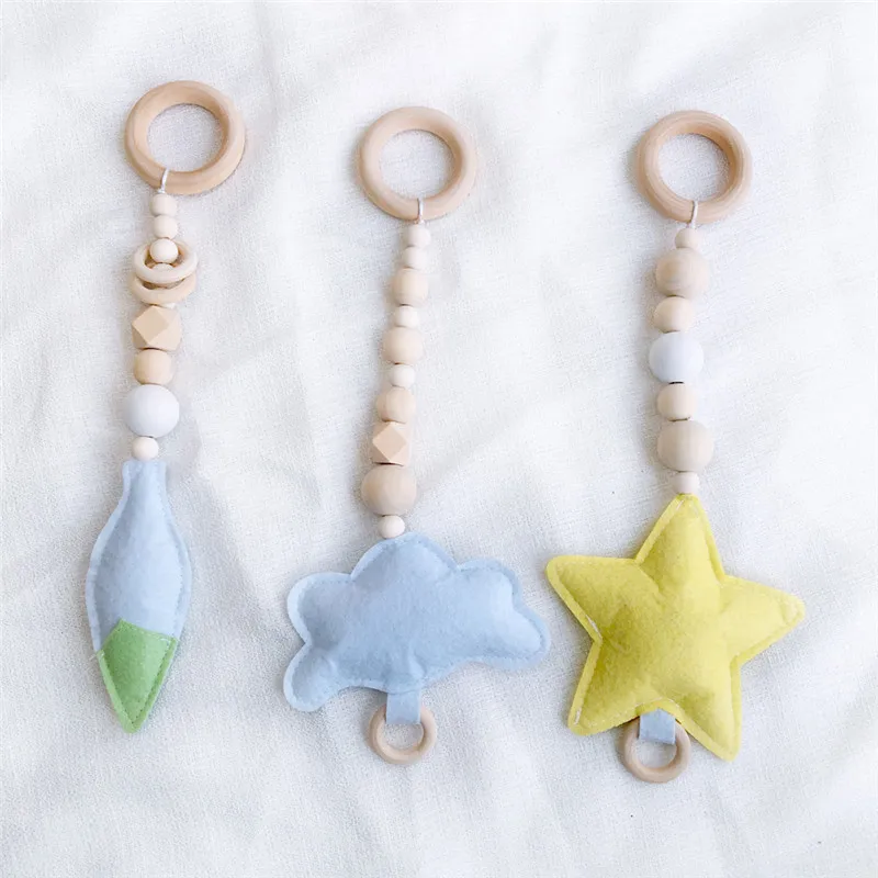 Nordic Wooden Beads Nursery Beads Wall Ornaments With Felt Star Tent Hanging Pendant Baby Rattle Stroller Play Gym Toy Decor