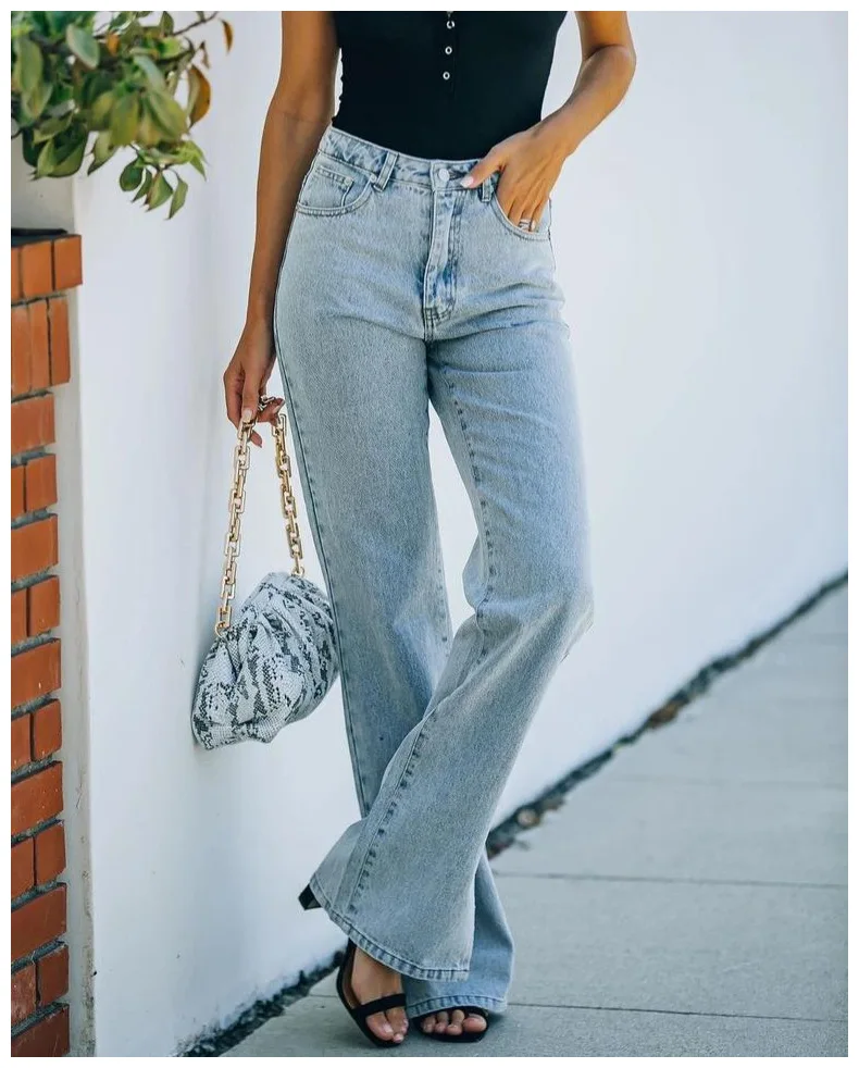 

2021 Summer Female Denim Flared Pants Ankle Bifurcated Women Casual Jeans Blue Washed Vintage Office Lady Flared Denim Trousers