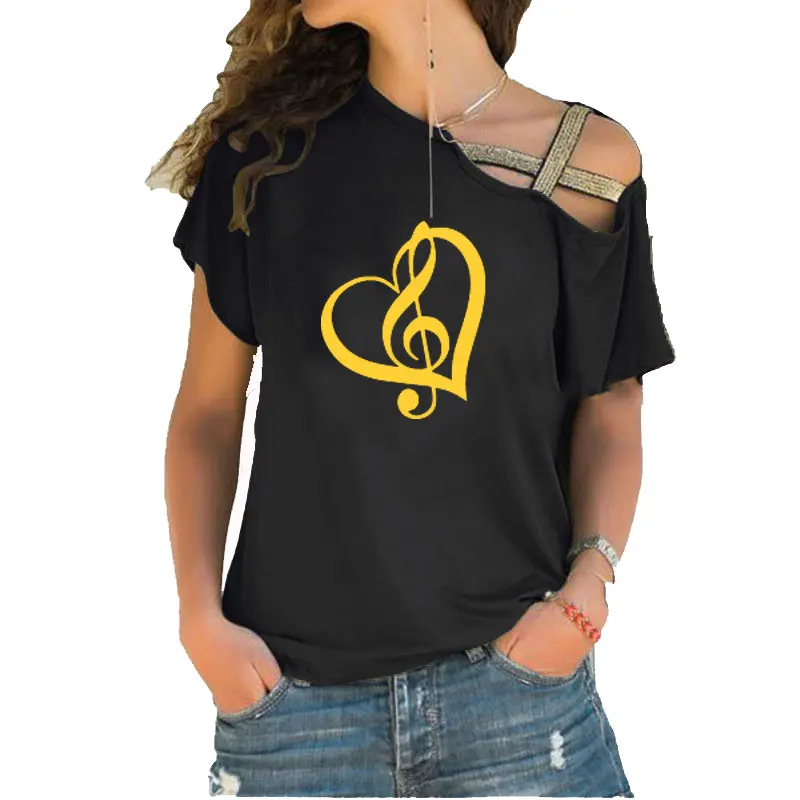 

Летняя футболка для музыкальных нот, Женская хлопковая Асимметричная скошенная перекрестная женская футболка