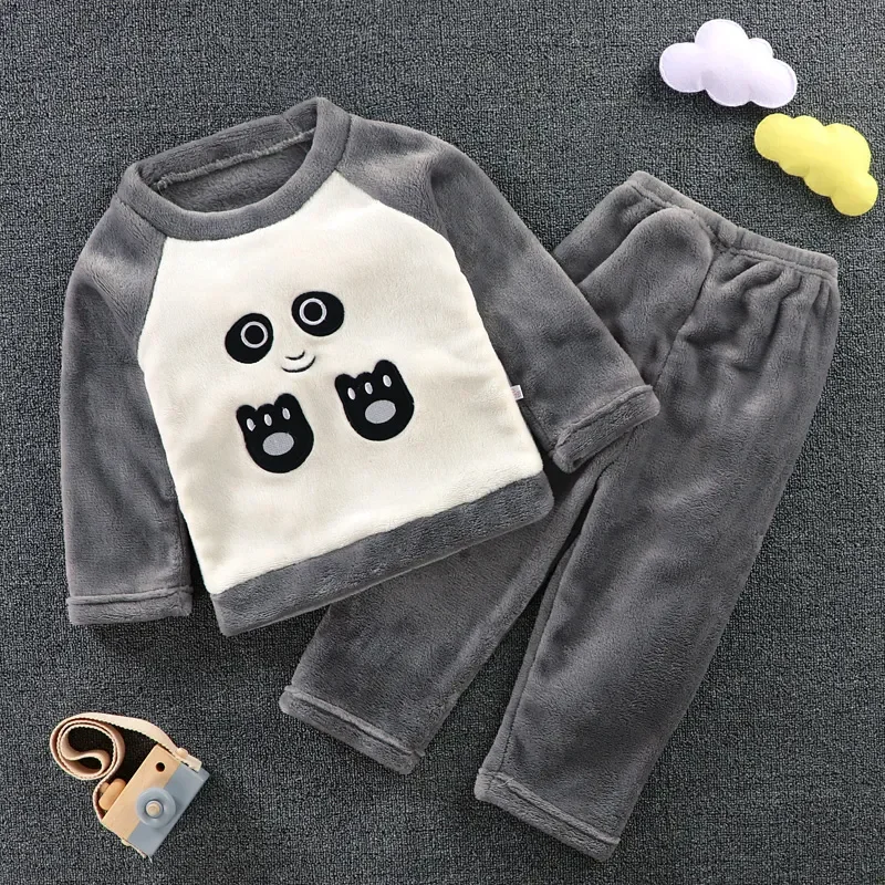 

80-160cm Teenager Fall Winter Girl Flannel Pajamas Sets Boys Girls Baby Home Clothes Thickening Suit Boys Kids Coral Fleece Set