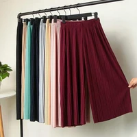 ikengling womens girls summer pants thin pleated wide leg wear stretch chiffon trousers fashion clothes gifts solid 6 colors