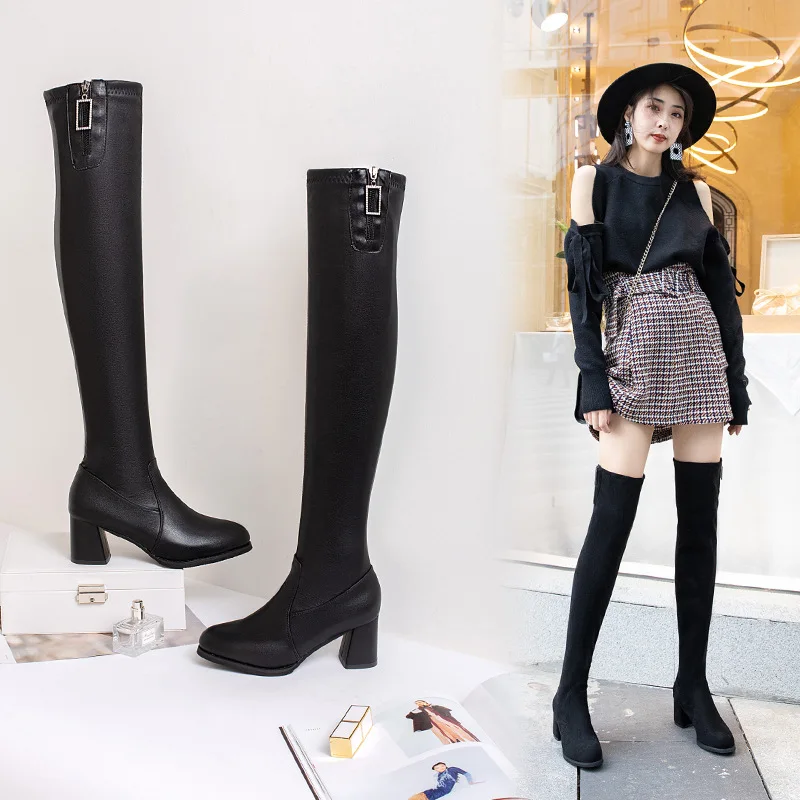 

ZEEKSON Европейская и американская мода длинные женские сапоги на толстом каблуке на высоком каблуке с круглым носком пикантные тонкие эласти...