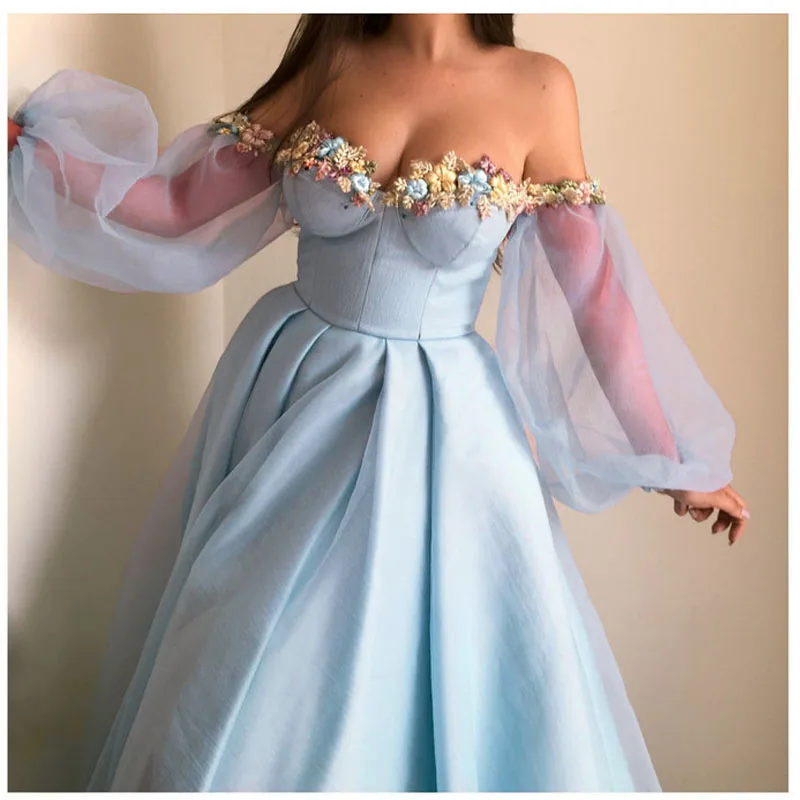 

Evening Dress Puff Sleeves Party Gowns Robe De Soiree Formal Prom Dress Plunging 3D Flower Off The Shoulder Evening Gowns