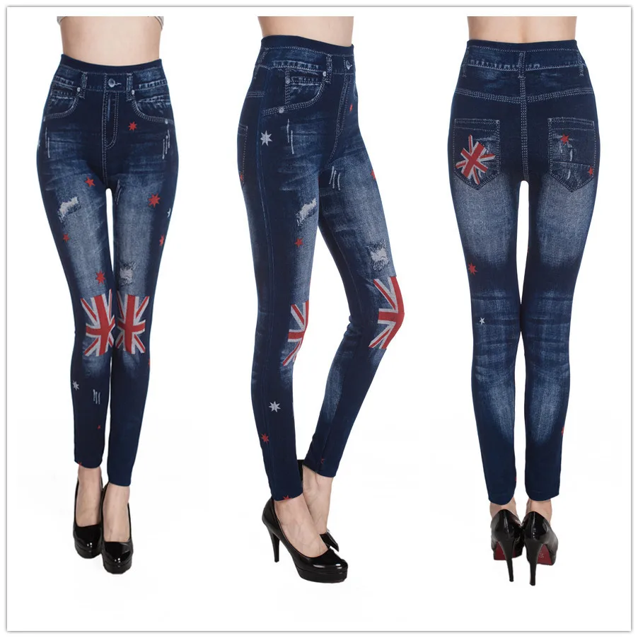 

National Flag Leggings Women Patched Blue Rose Slim Pants Leopard Soft Stretch Pants Cotton Printing Imitation Jeans Leggings