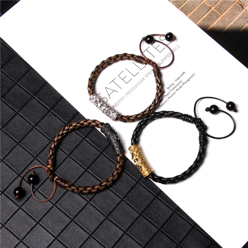 

Vintage Braid Genuine Leather Bracelets Men Silver Color Tube Charm Bralcelet For Women Gothic Woven Adjustable Pulsera Jewelry