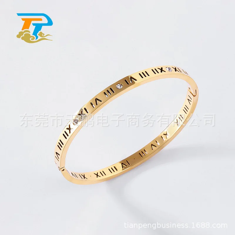 

Fashion Japanese and Korean Trendy Roman Numeral Bracelet Titanium Steel Diamond-studded Clasp Bracelet Hollow Letter Jewelry