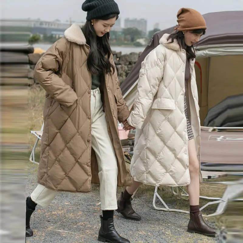 

Winter Women Fur Collar Oversize Rhombus Pattern Long Parkas Pocket Female Warm Long Cotton Overcoat Single Breasted Outwears