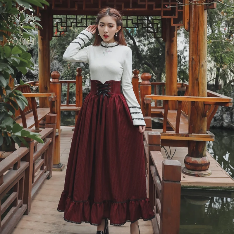 Женский свитер водолазка YOSIMI Белый Топ с длинным рукавом и юбка в полоску длинное