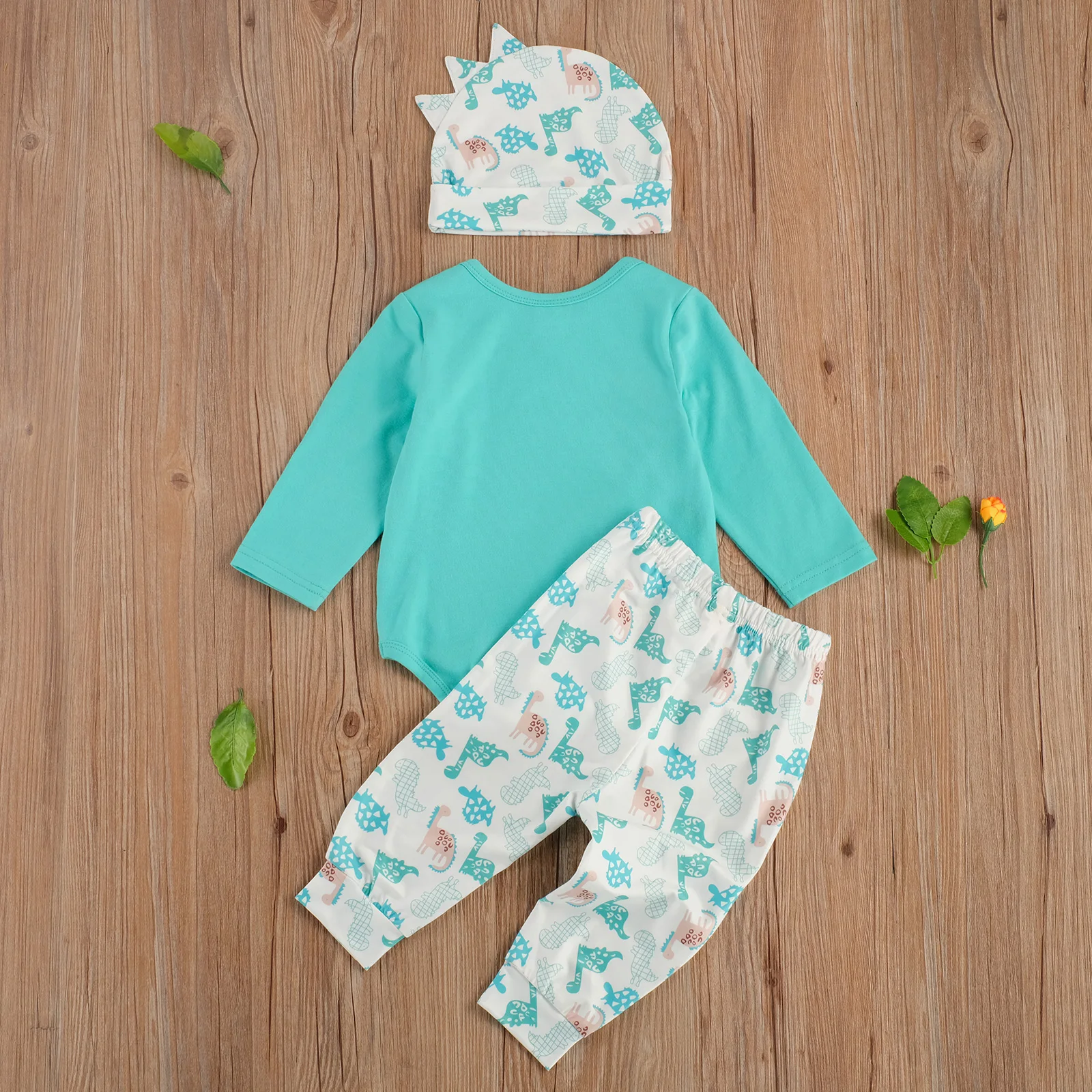 

Pudcoco 2020 Autumn 0-18M Toddler Baby Girl Boy 3Pcs Set Blue-Green Long Sleeve Bodysuit+Dinosaur Print Pants+Spiked Hat Outfits