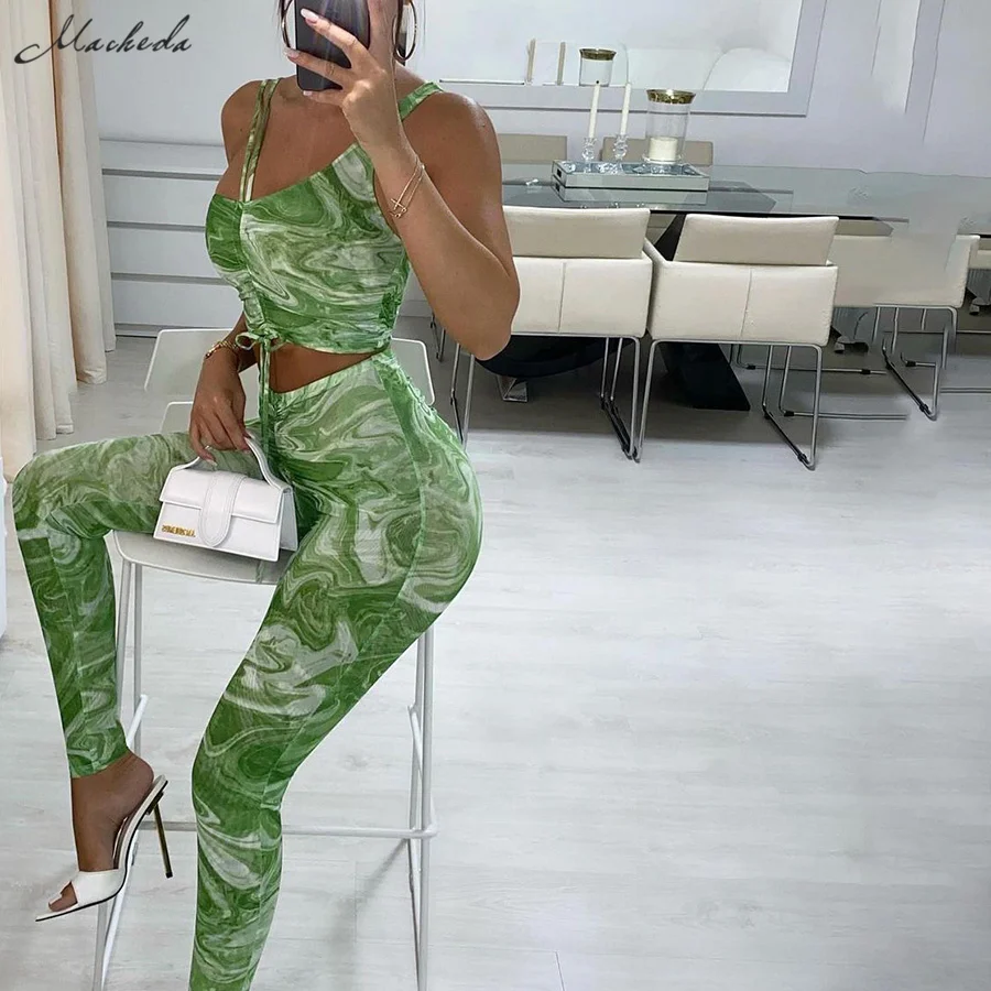 

Macheda Autumn Fashion Printing Set Women Slim One shoulder Sleeveless Tank Top And High Waist Trousers Outfits Casual 2 Pcs Set