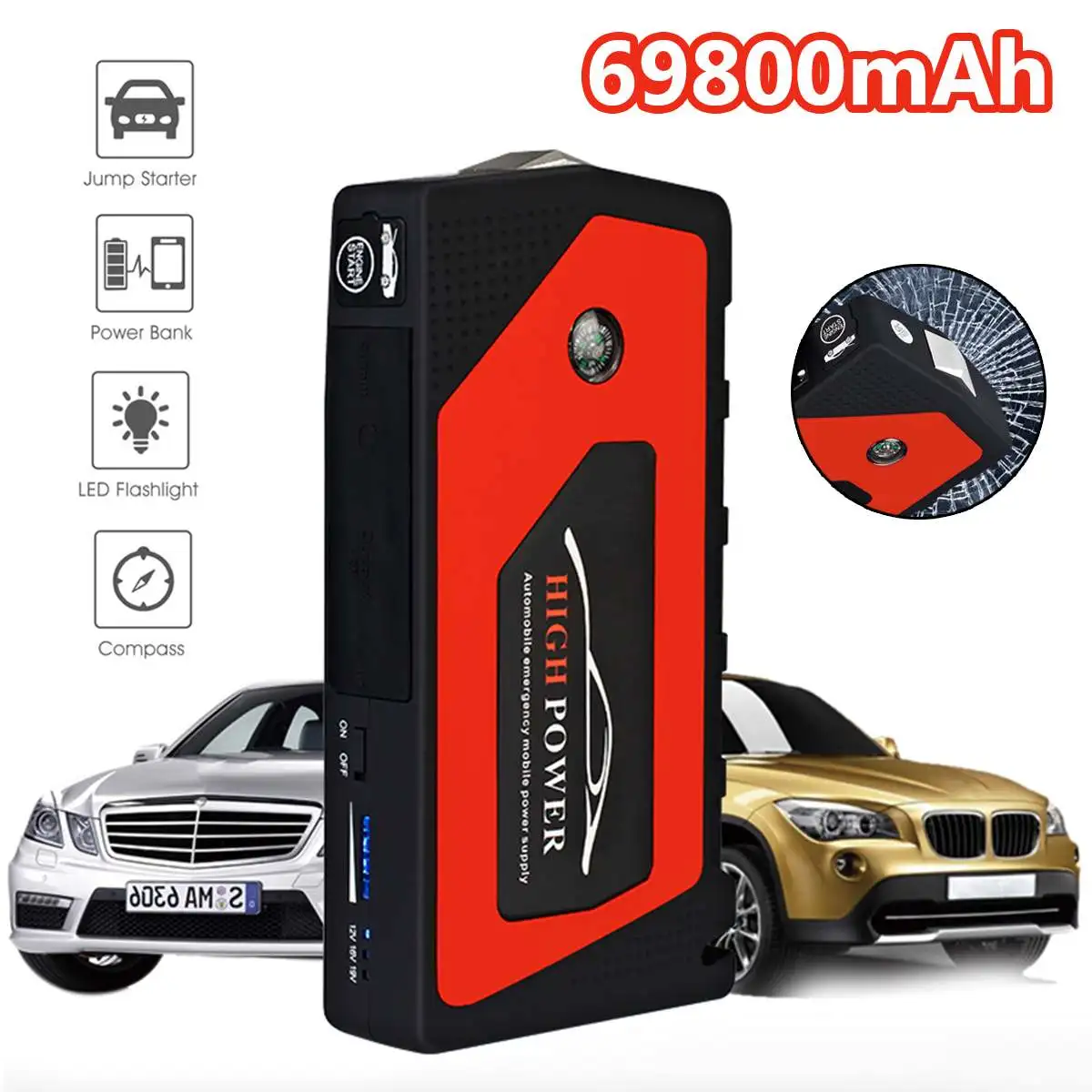 

Портативный автомобильный стартер, 69800 мАч, 4USB, 12 В