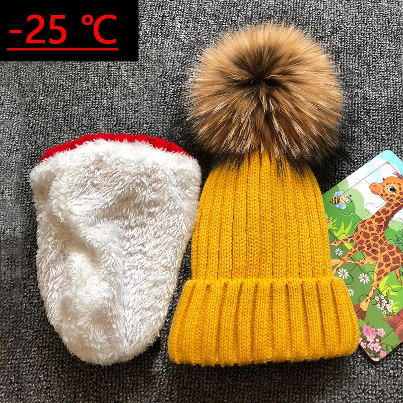 

new Plus velvet Winter Hat Cap For Kids Boy Girl Children Real Raccoon Fur Ball hats Warm Fur Pom Poms Ski Hat Fur Pompoms Hat