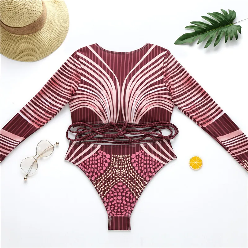 

Vintage high neck swimsuit female Long sleeve bikini 2020 mujer Bandage swimwear women Print high waist bathing suit biquini new