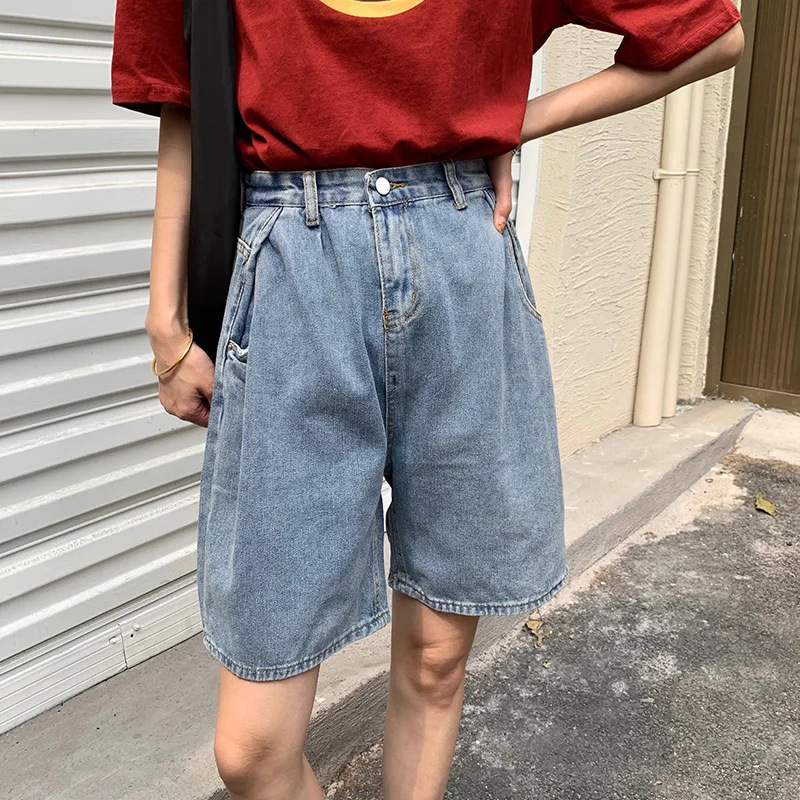 FTLZZ 2021 New Summer Women Retro High Waist Blue Denim Shorts Streetwear Female Wide Leg Loose Straight Jean Ladies | Женская одежда