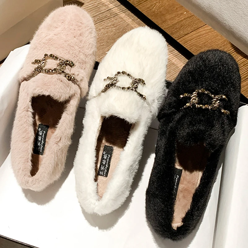

Winter Furry Flats Loafers 2021 Women Fashion Round Toe Casual Outside Shoes Female Metal Slip On Shoes For Ladies Flats