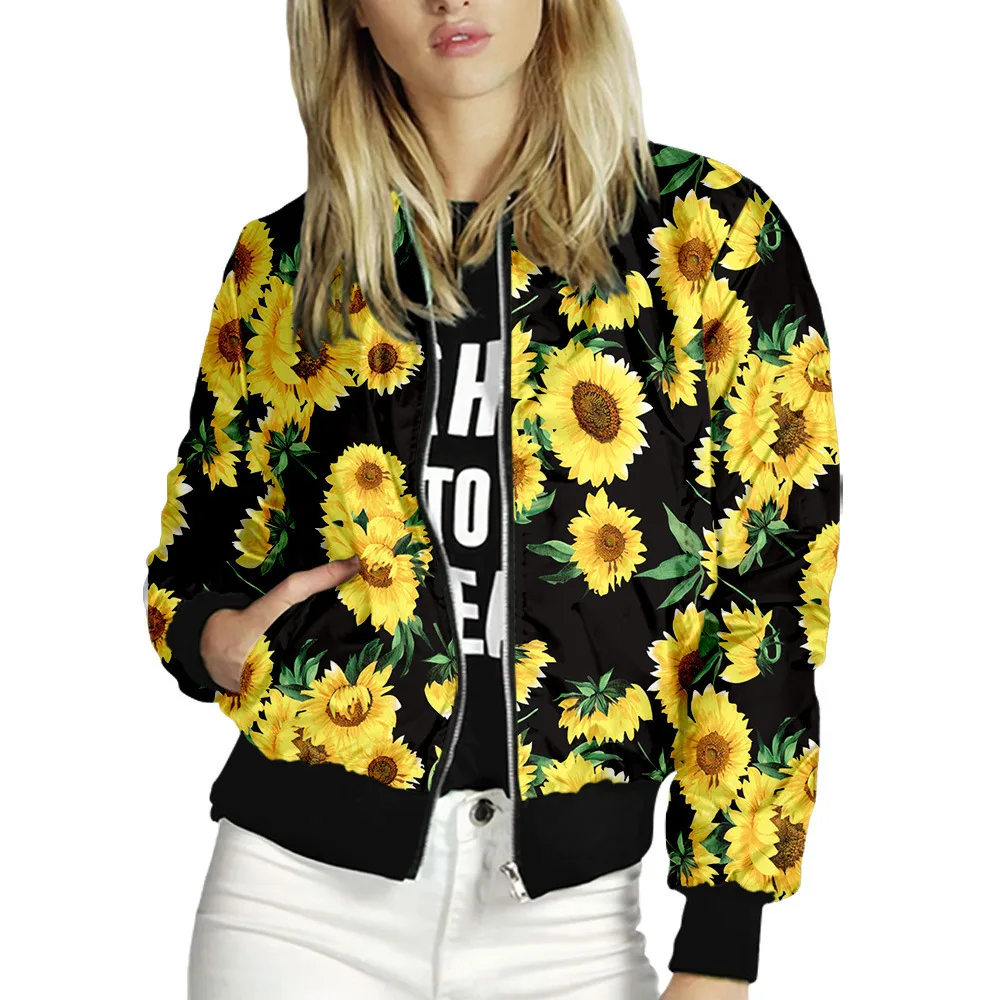 

Женская короткая куртка на молнии с цветочным принтом и длинным рукавом