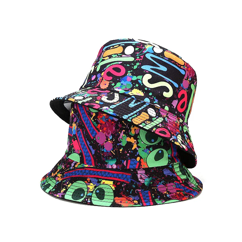 

Rainbow Letter Graffiti Bucket Hats For Women Men Outdoor Reversible Summer Fisherman Hat Harajuku Hip Hop Cap