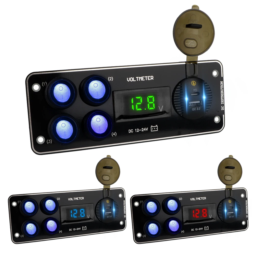 

4 Gang Switch Panel QC3.0 PD Car Push Button Voltmeter 12-24V For Car RV Truck ATV UTV Camper Caravan Car charging