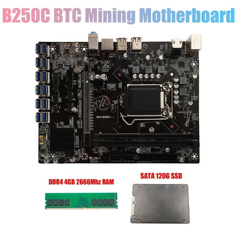 

B250C BTC Mining Motherboard with 120G SSD+DDR4 4GB 2666MHZ RAM 12XPCIE to USB3.0 Card Slot LGA1151 for BTC Miner