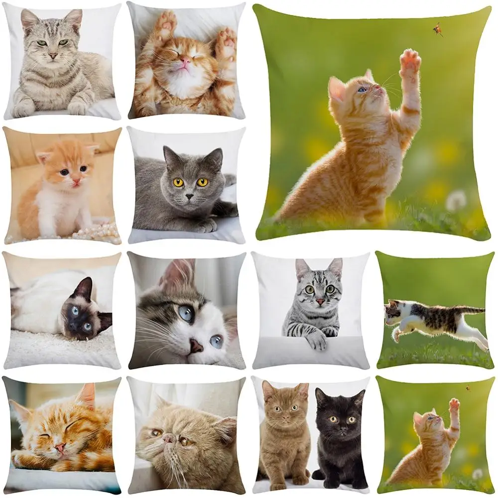 

18" Cute Cat Home Decor Pillow Case Sofa Bedroom Seat Short Plush Soft Cushion Cover Animal Pattern Printing Home Decoration