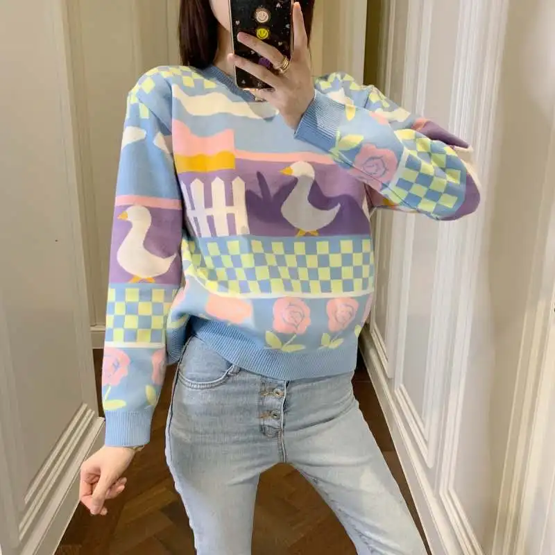 Осенне зимний пуловер для девочек розового и синего цветов Макарон с милым