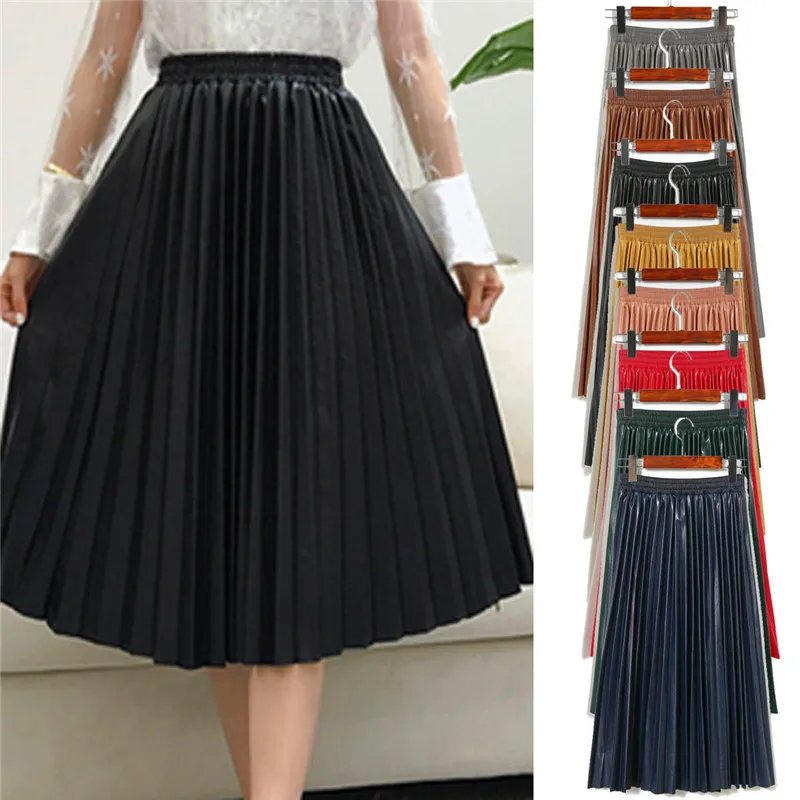 Женские плиссированные юбки из искусственной кожи с высокой талией повседневные