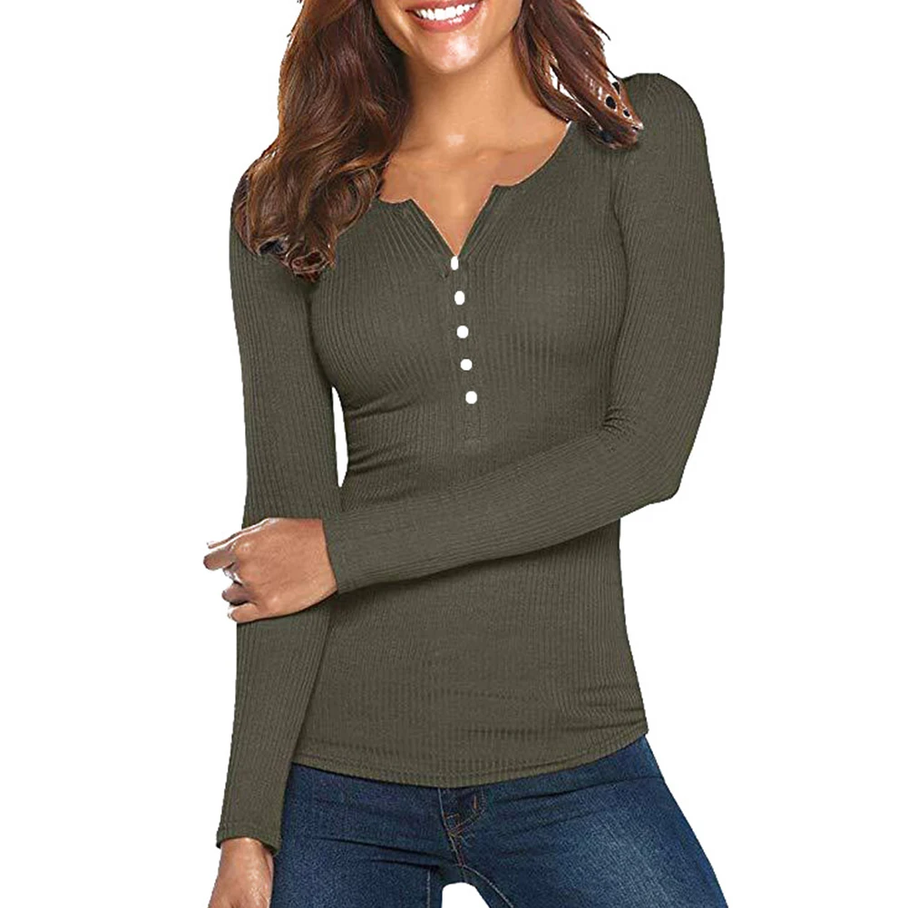 

Button Down Bottoming Sexy Slim Fit Thin Cotton Blend Ribbed Long Sleeve Tops Women T Shirt Casual Solid Pullover Spring Autumn