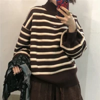 korean ins harajuku winter fashion vintage high collar striped knit sweater women new vintage punk thickening loose sweater