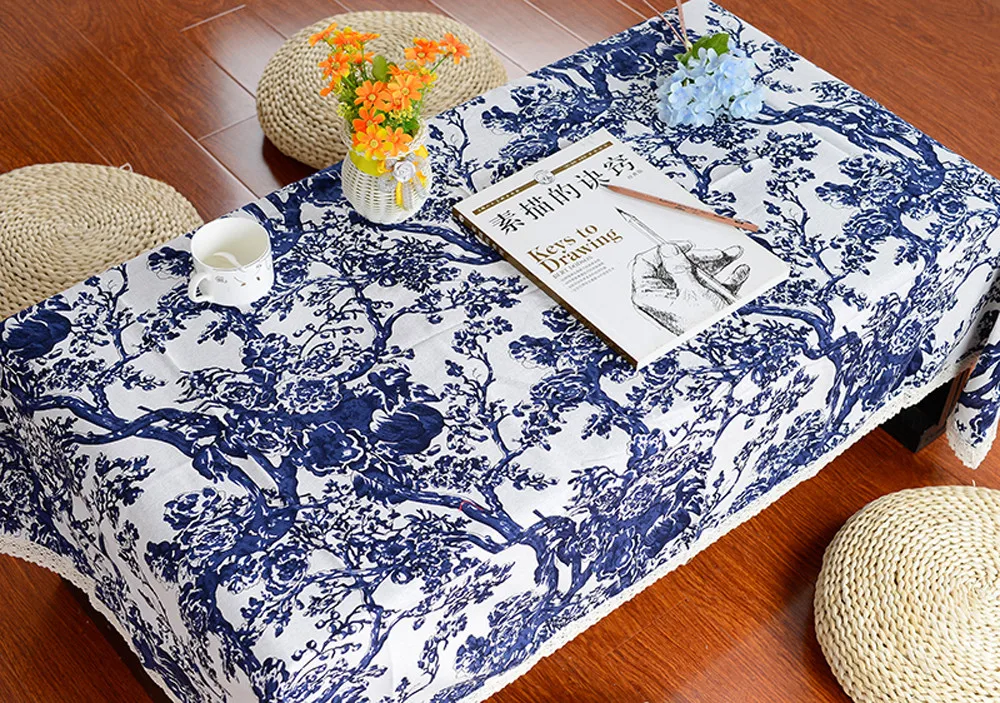 Trend Chinese Style Tablecloth Classic Blue And White Embroidery Fine Linen 90 * 90cm | Дом и сад