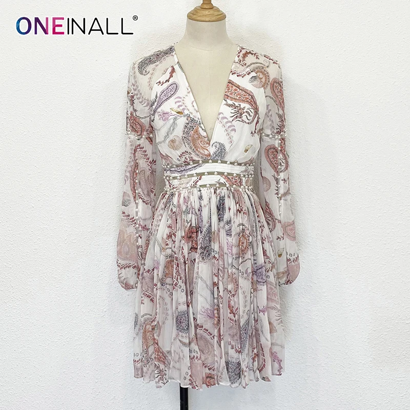 

ONEINALL, Ретро стиль, с рисунком, платье для женщин с v-образным вырезом с длинным рукавом с высокой талией Мини хит Цвет Платья Женская летняя о...