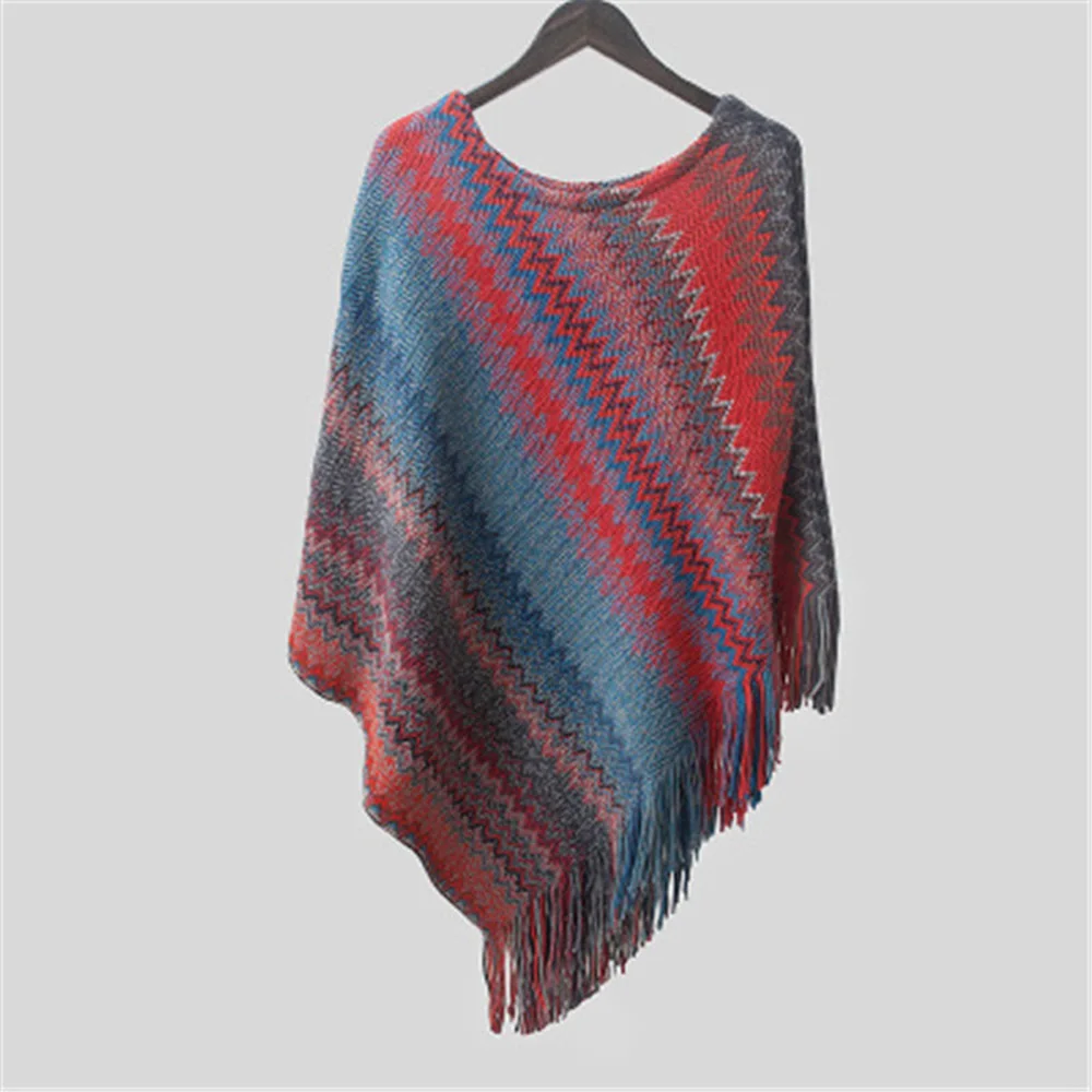 Women's Sweater Tops Round Neck Autumn Winter Wavy Strip Irregular Tassel Elegant Party Loose Shawl Cloak Ladies | Женская одежда