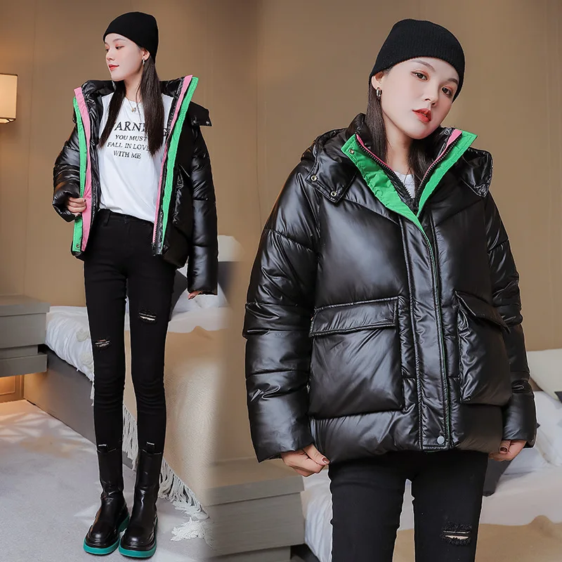 2021 New Short Winter Jacket Women Glossy Down Cotton Coat Fashion Color Contrast Loose Hooded Padded Women Winter Jacket Parkas