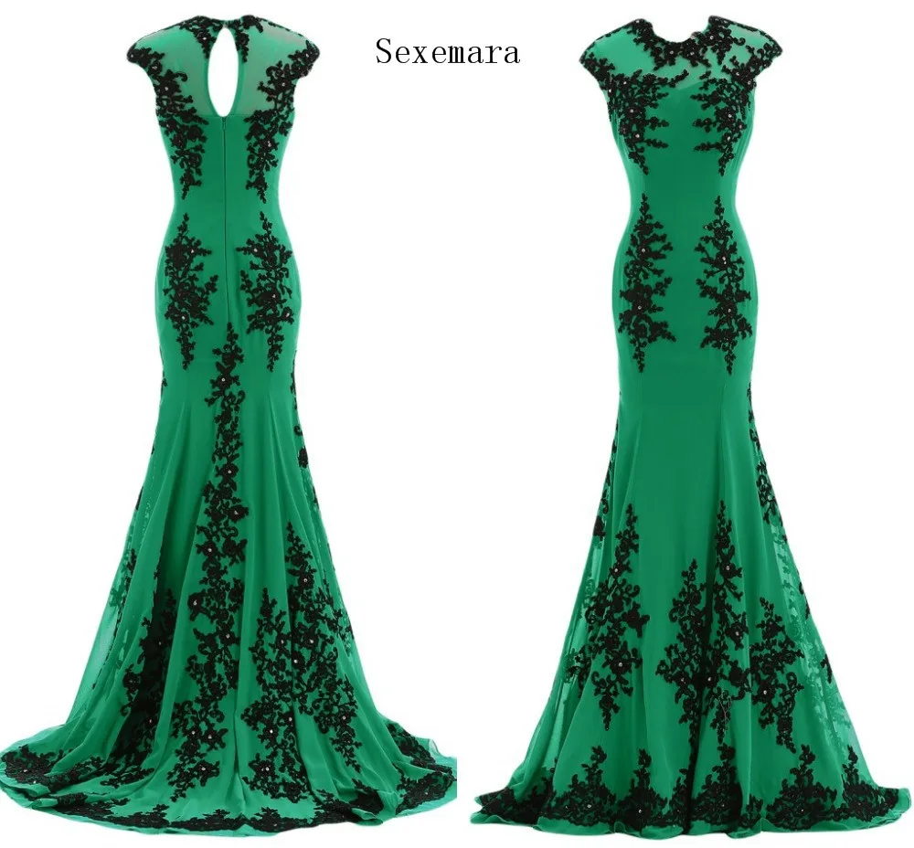 

Emerald Green Chiffon sleeveless Arabic Style Mermaid Black lace Applique evening prom gown 2018 Mother of the Bride Dresses