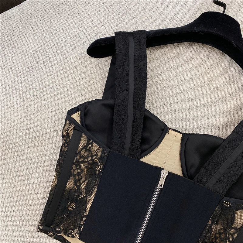 winter new style foreign style versatile blouse sexy chest show diamond lace short suspender vest female
