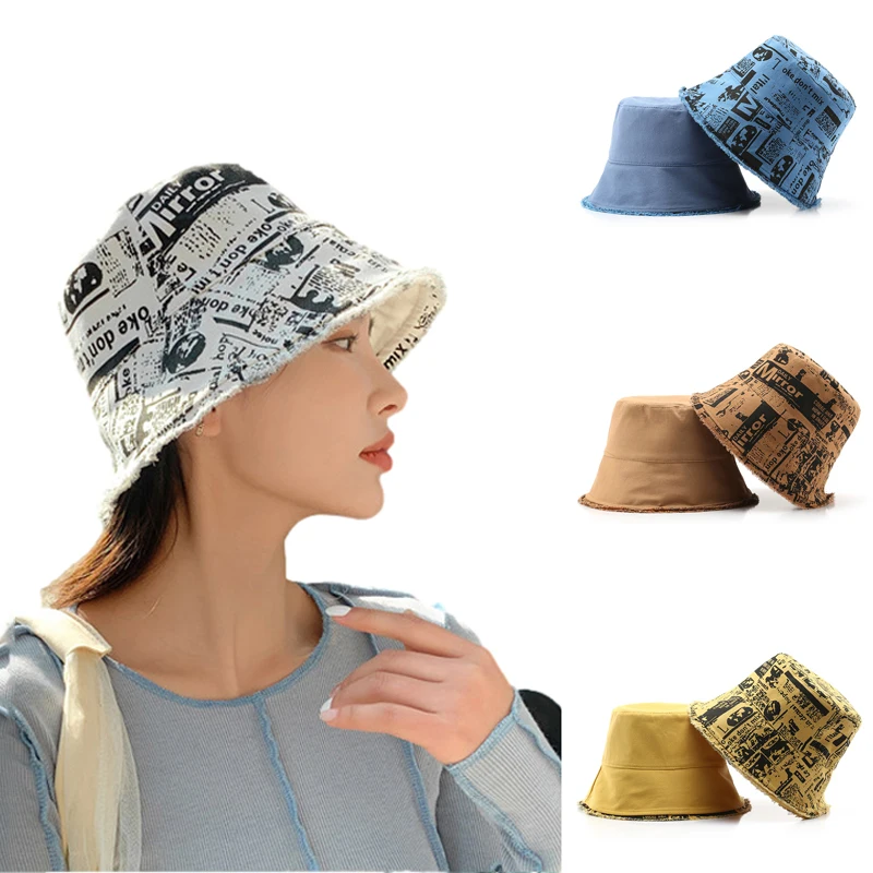 

Women's Bucket Hat Daily Casual Fisherman Hat Double-Sided Print Visor Hats Wide Brim Foldable Sunhats Korean Street Wild Caps