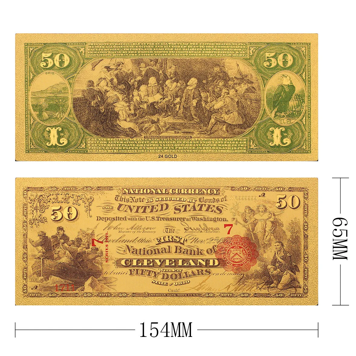 Старые американские банкноты 50 долларов США 1875 года 24k позолоченные в