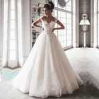 Изысканное женское платье с глубоким круглым вырезом, свадебное платье с кружевной аппликацией и завязкой сзади, свадебные платья трапециевидной формы с блестками