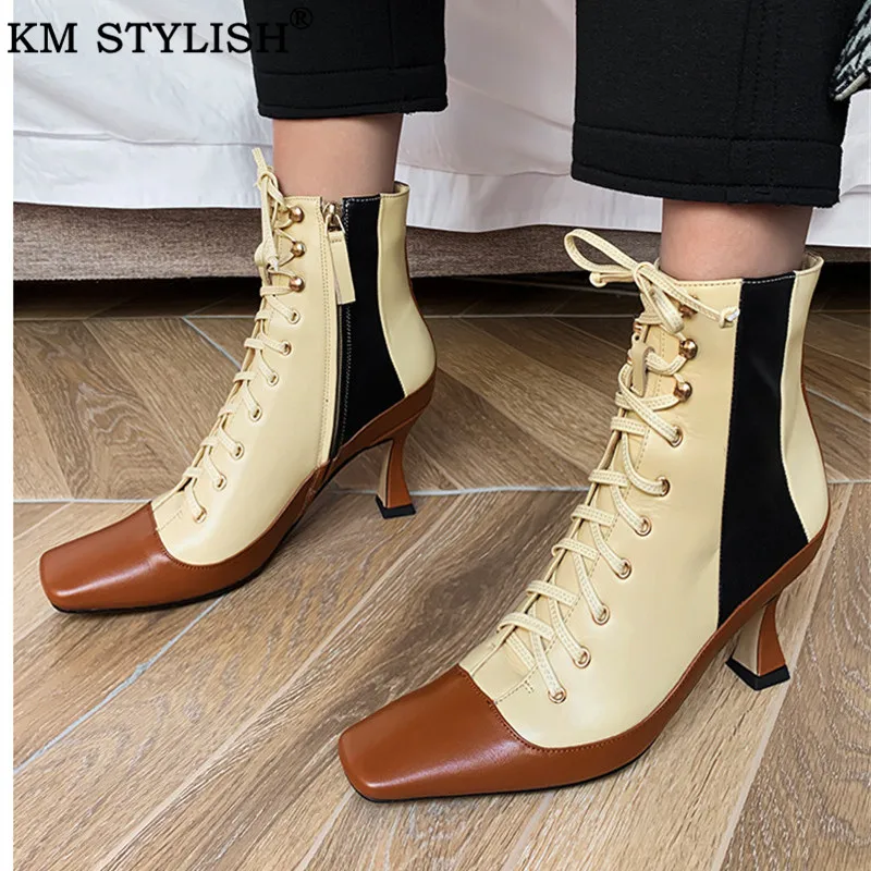 Женские ботильоны на шнуровке зимние ботинки толстом каблуке с квадратным