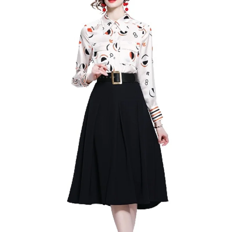 

PERHAPS U Women Elegant Two Piece Chiffon Set Print Pockets Long Sleeve Shirt Blet Folds Slim A-line Maxi Long Skirt Set T3079