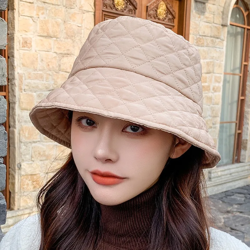 

2021 Sparsil Women Autumn Winter Foldable Bucket Hats Solid Lattice Silk Wadding Caps Keep Warm Prevent Cold Basin Fisherman Hat